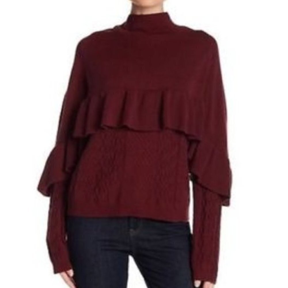 PROJECT Naadam Ruffle Cable Knit Sweater Mock Neck Burgundy Maroon Small
